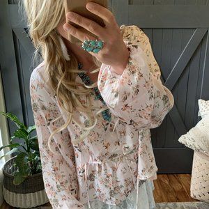 New Blush Floral Flowy Chiffon Folk Boho Top Blouse